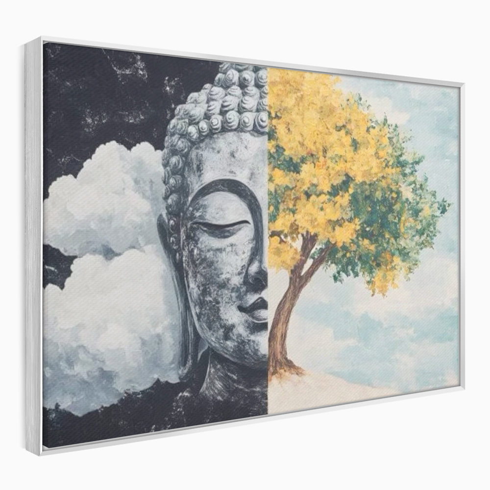 Tablou canvas cu tablou canvas cu buddha si copac, in rama de aluminiu argintiu